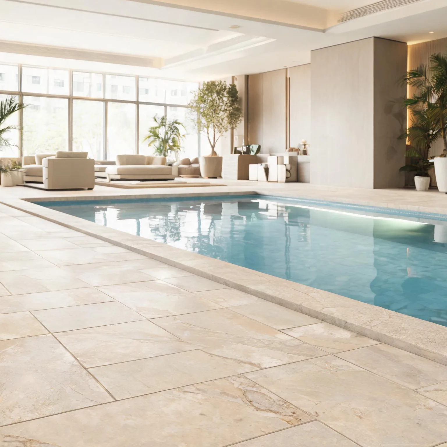 米黃萊姆石質感瓷磚 SPA 水池地台。