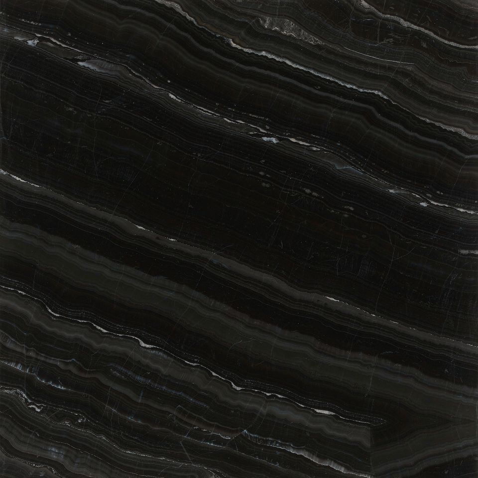 黑瑪瑙 Black Onyx Marble 石材樣板圖,黑色系,產地中國,產地中國,體積密度2.74 g/cm³,吸水率≤0.45%,莫氏硬度3,適用於地面、牆身、檯面、特色牆、大堂