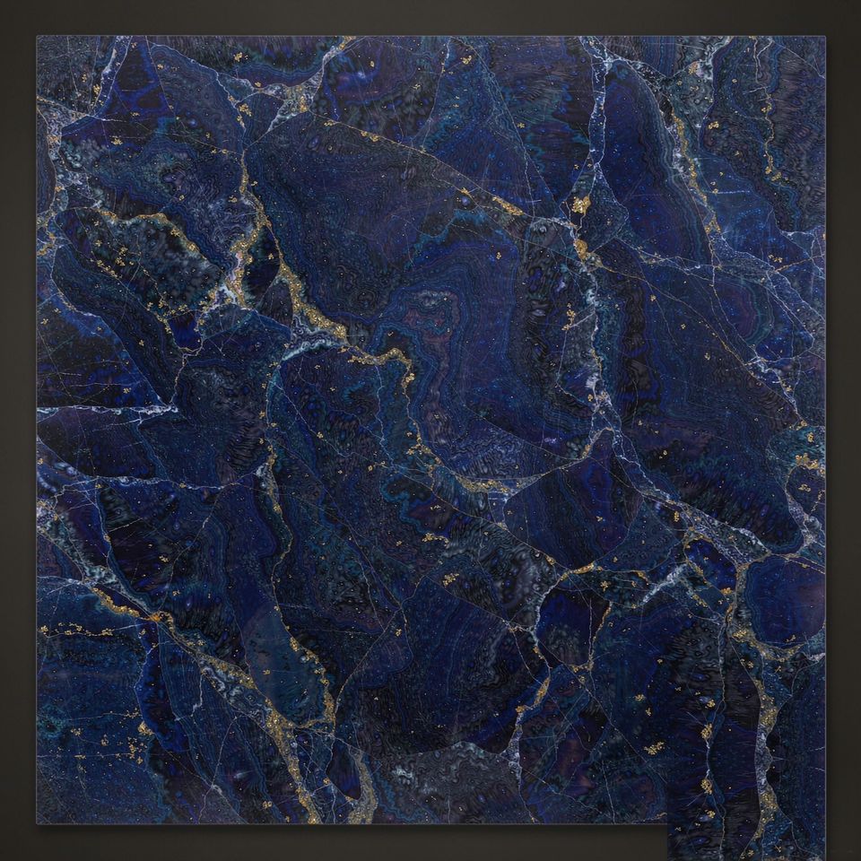 藍金沙 Blue Sodalite Marble 石材樣板圖,藍色系,產地巴西,產地巴西,體積密度2.80 g/cm³,吸水率≤0.16%,莫氏硬度3,適用於牆身、檯面、特色牆、大堂