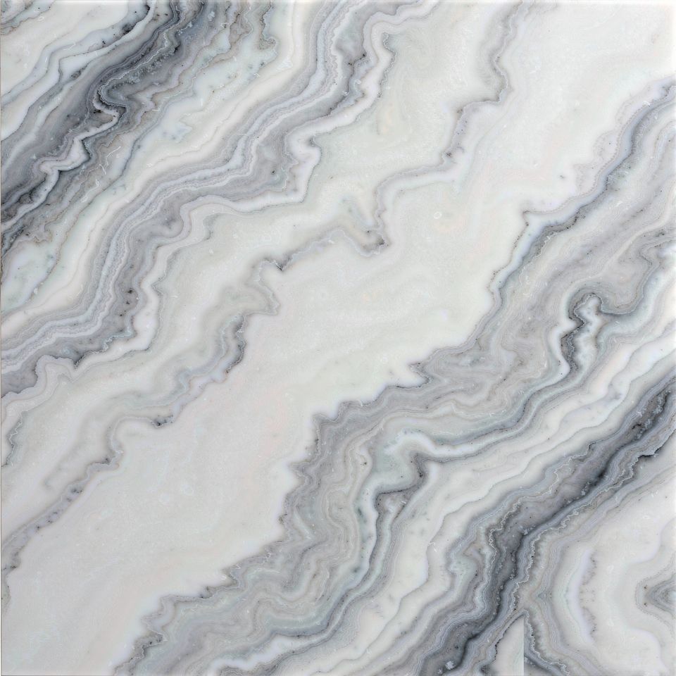 冰川流白 Glacier Flow White Marble 石材樣板圖，白色系，產地中國，產地中國，體積密度2.75 g/cm³，吸水率≤0.16%，莫氏硬度3，適用於牆身、檯面、洗手間、地面、客廳
