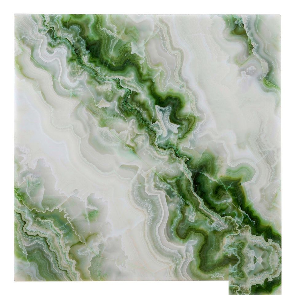 翡翠白玉 Green Jade White Marble 石材樣板圖，綠白系，產地中國，產地中國，體積密度2.76 g/cm³，吸水率≤0.3%，莫氏硬度4，適用於牆身、檯面、洗手間、特色牆、客廳