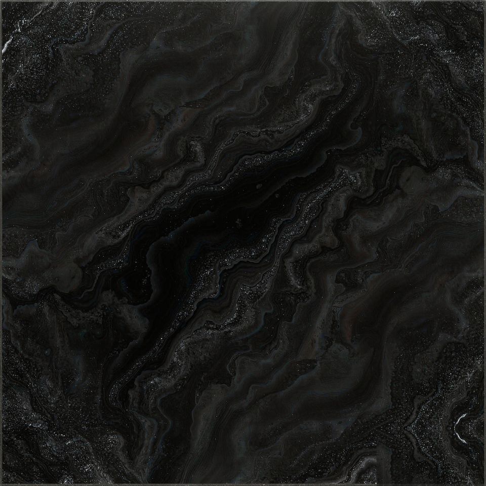 墨晶黑 Ink Crystal Black Marble 石材樣板圖，黑色系，產地中國，產地中國，體積密度2.77 g/cm³，吸水率≤0.25%，莫氏硬度4，適用於地面、牆身、檯面、特色牆