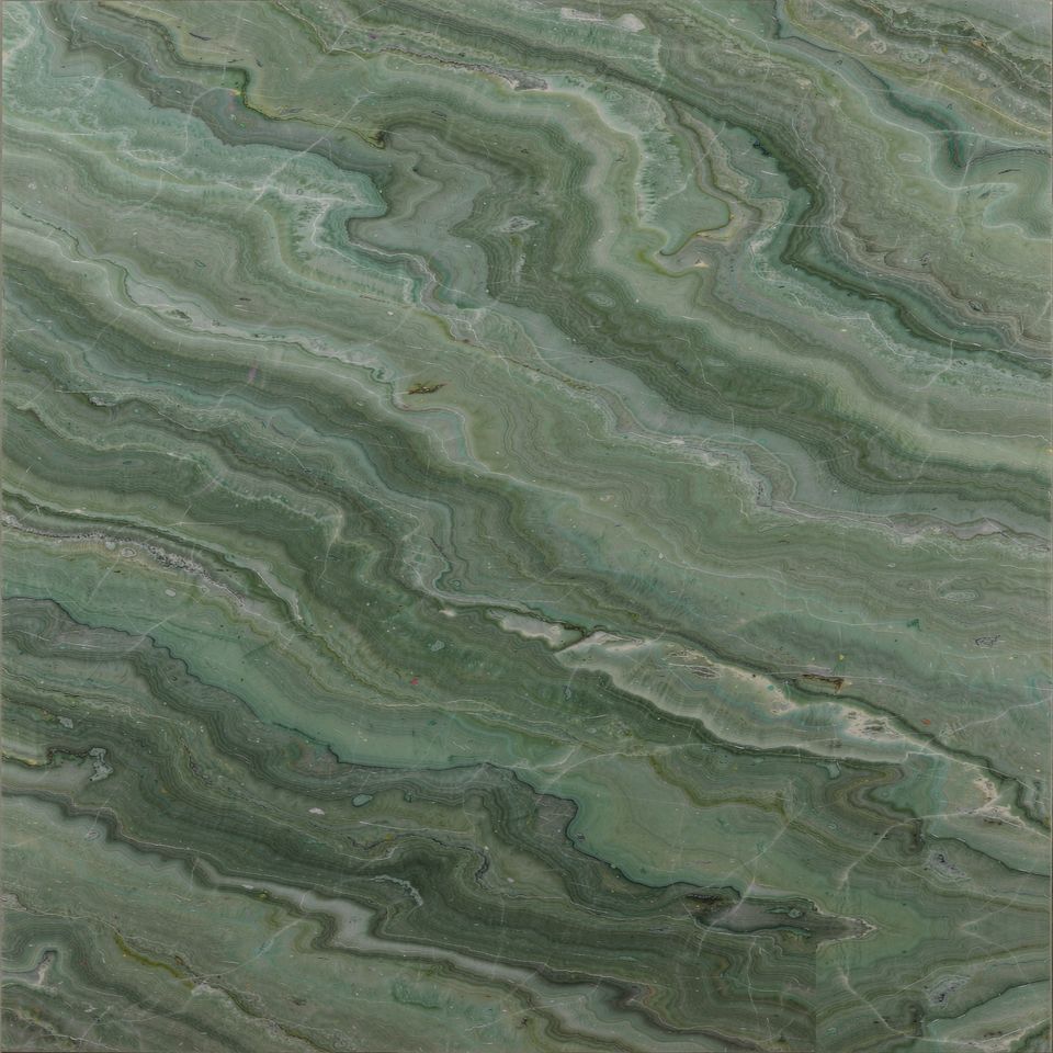 湖水綠 Lake Green Marble 石材樣板圖，綠色系，產地中國，產地中國，體積密度2.77 g/cm³，吸水率≤0.41%，莫氏硬度4，適用於牆身、檯面、洗手間、特色牆、客廳