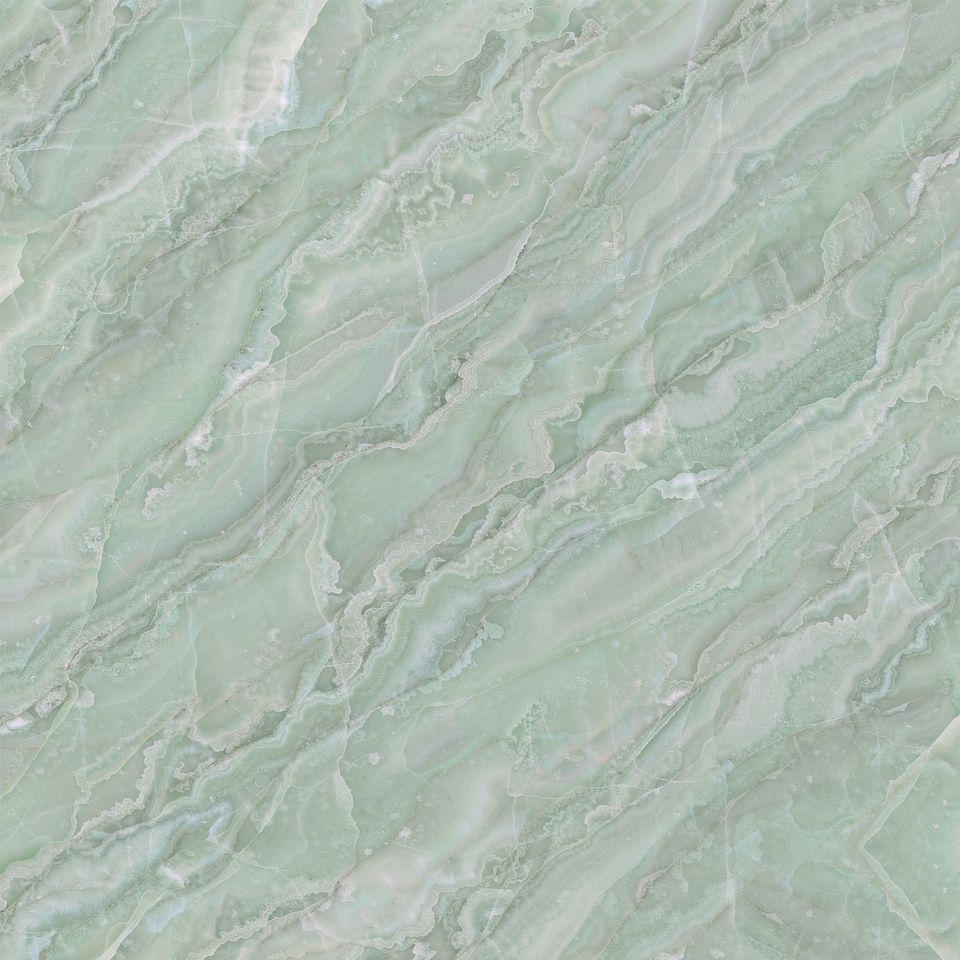 薄荷綠 Mint Green Marble 石材樣板圖，淺綠系，產地土耳其，產地土耳其，體積密度2.78 g/cm³，吸水率≤0.49%，莫氏硬度3，適用於牆身、檯面、洗手間、客廳、特色牆