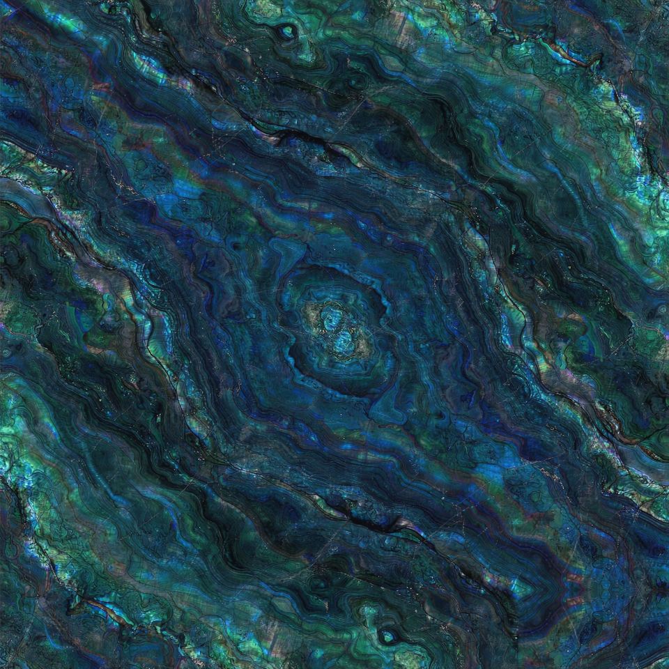 孔雀藍 Peacock Blue Marble 石材樣板圖，藍色系，產地中國，產地中國，體積密度2.61 g/cm³，吸水率≤0.33%，莫氏硬度3，適用於牆身、檯面、特色牆、客廳