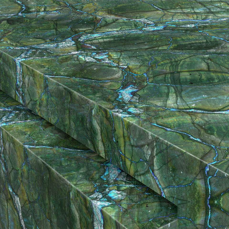 孔雀綠 Peacock Green Marble 石材樣板圖，綠色系，產地中國，產地中國，體積密度2.79 g/cm³，吸水率≤0.32%，莫氏硬度4，適用於牆身、檯面、特色牆、大堂