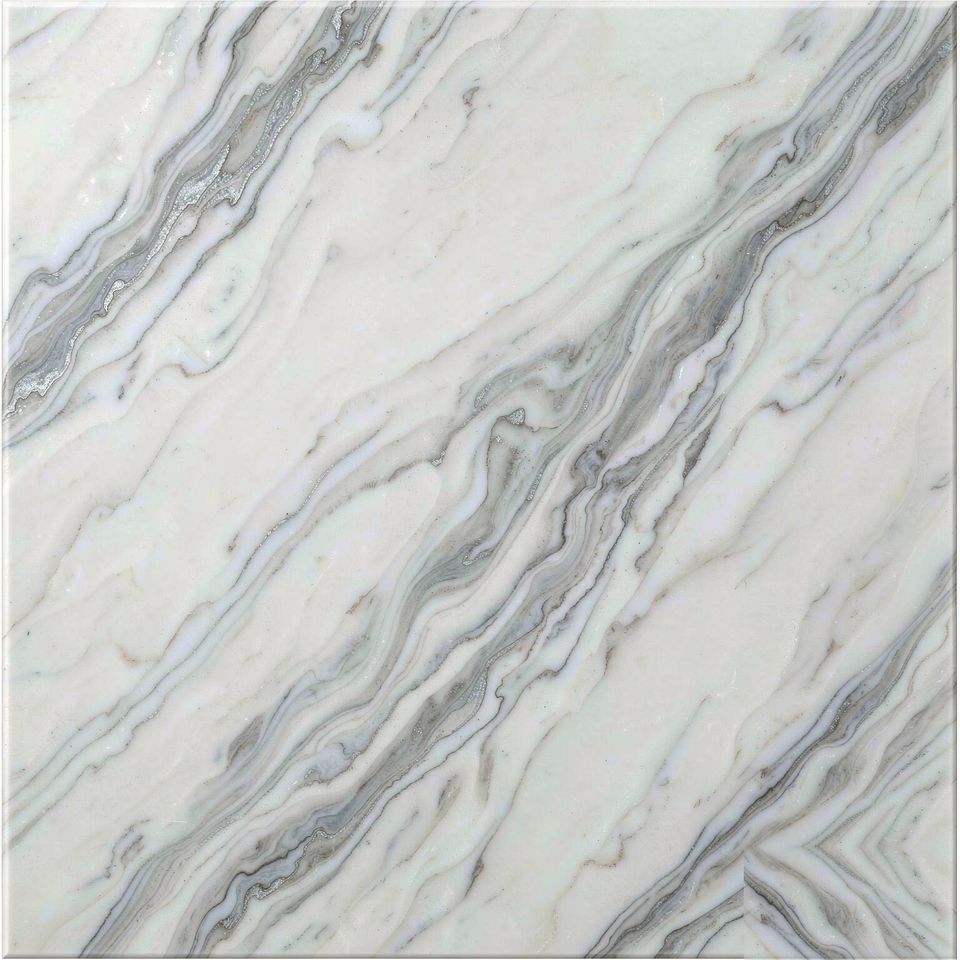 銀狐白 Silver Fox White Marble 石材樣板圖，白色系，產地土耳其，產地土耳其，體積密度2.75 g/cm³，吸水率≤0.1%，莫氏硬度4，適用於牆身、檯面、洗手間、特色牆、地面