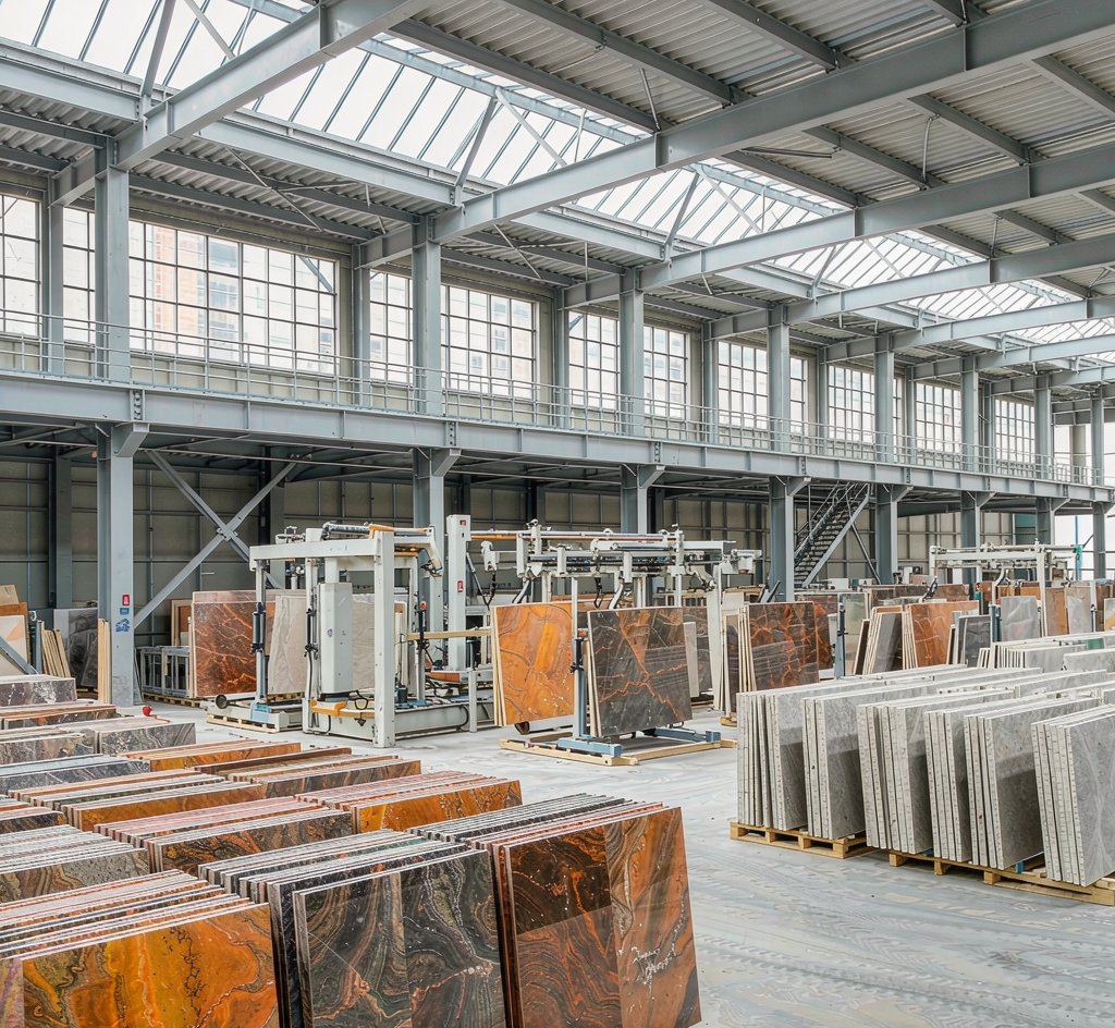 a finished slab storage yard with neat stacks 成品板堆場 高清石材鑒賞 - 香港恆生石材