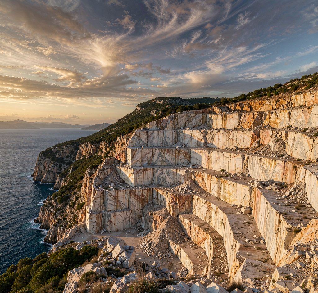 the Greek Thassos marble quarry on an Aegean cliffside 希臘托斯礦山 高清石材鑒賞 - 香港恆生石材