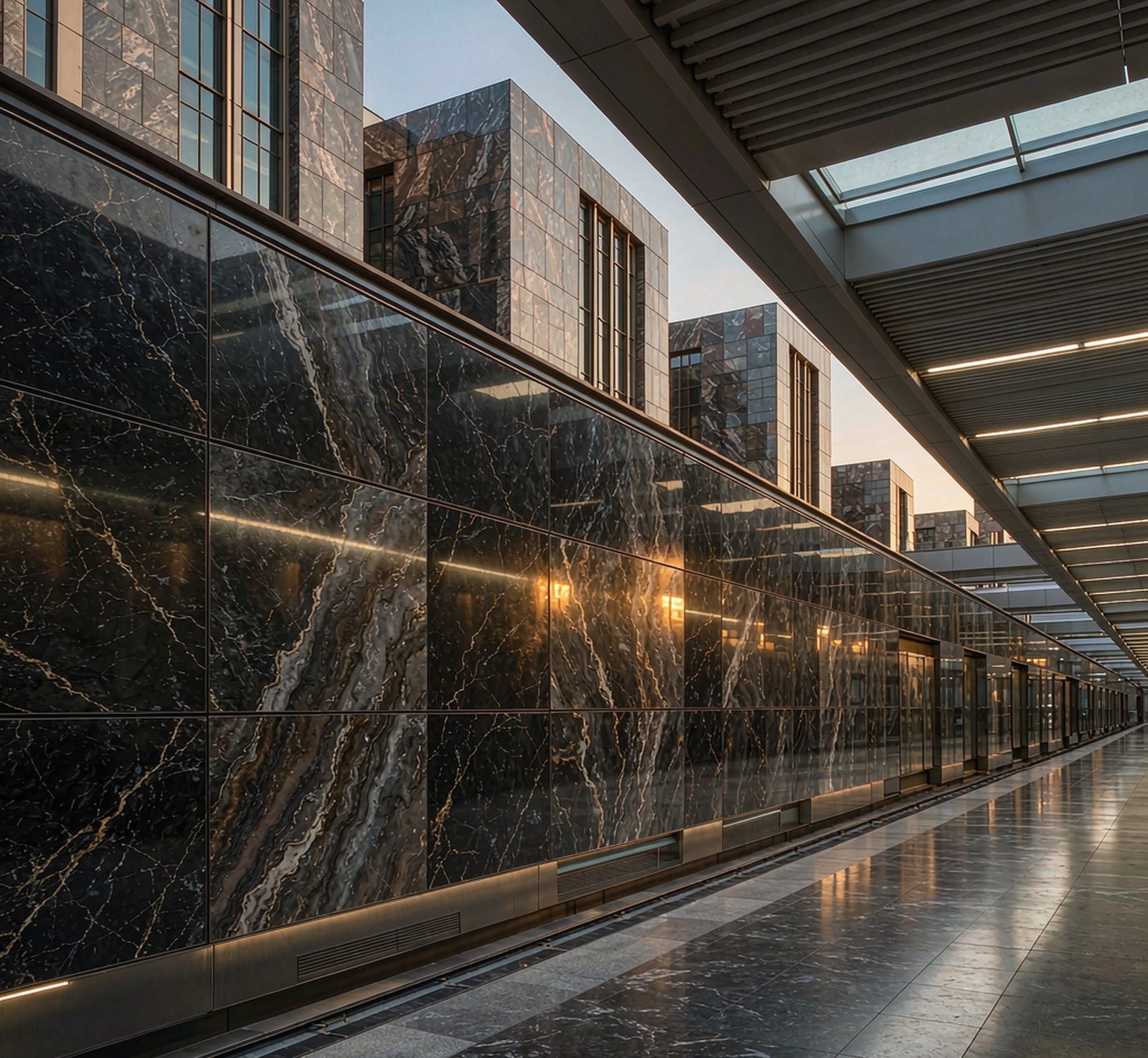 a subway platform wall clad in dark marble 地鐵站深色雲石牆 高清石材鑒賞 - 香港恆生石材