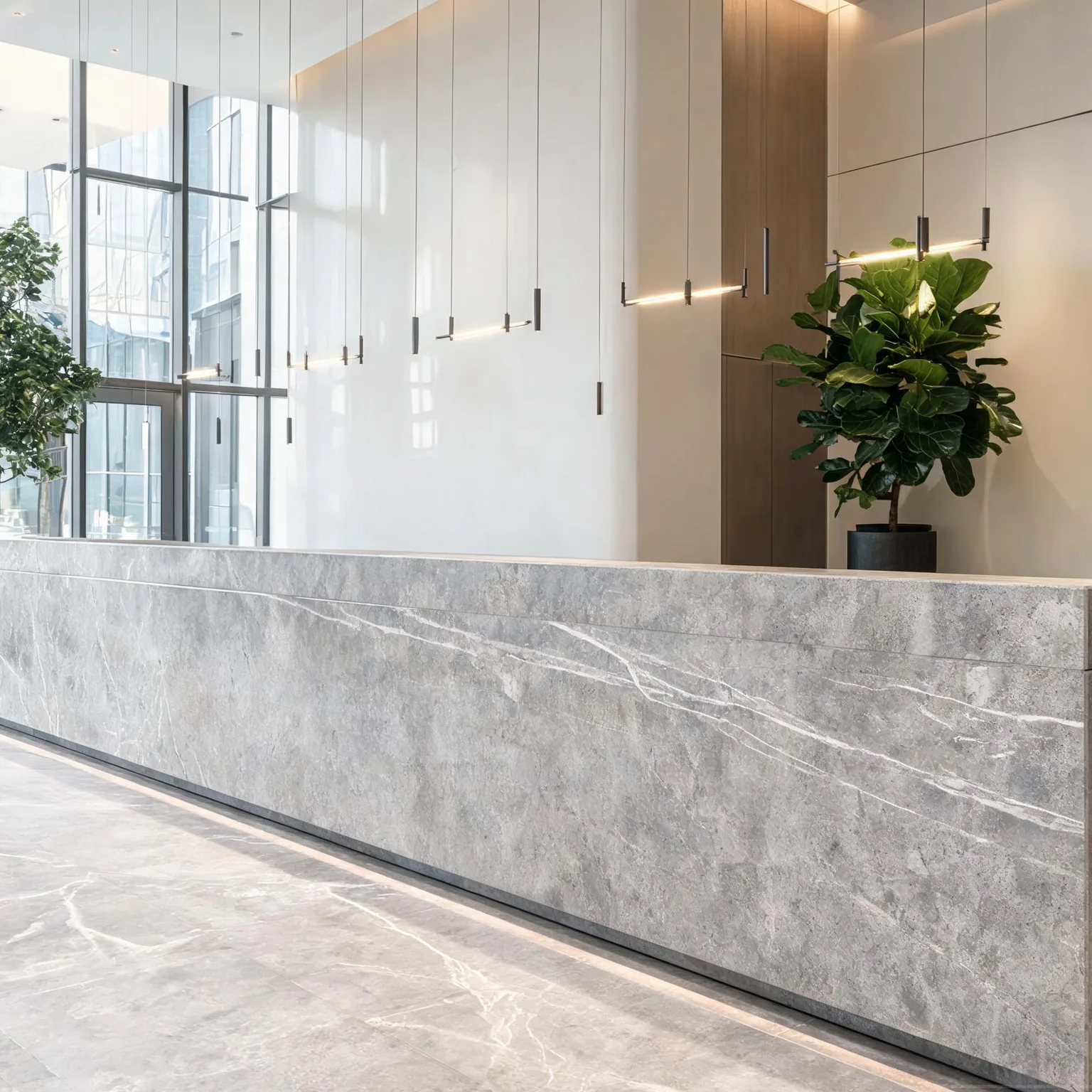 Sintered Stone Slab — sleek commercial reception desk counter in solid surface
