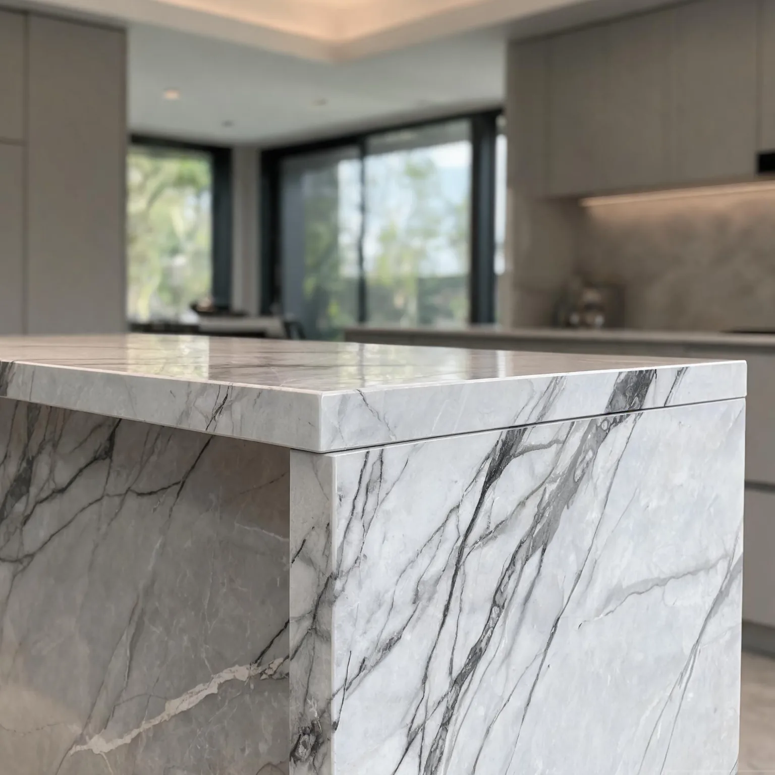 Sintered Stone — ultra-thin sintered stone countertop with mitred waterfall edge