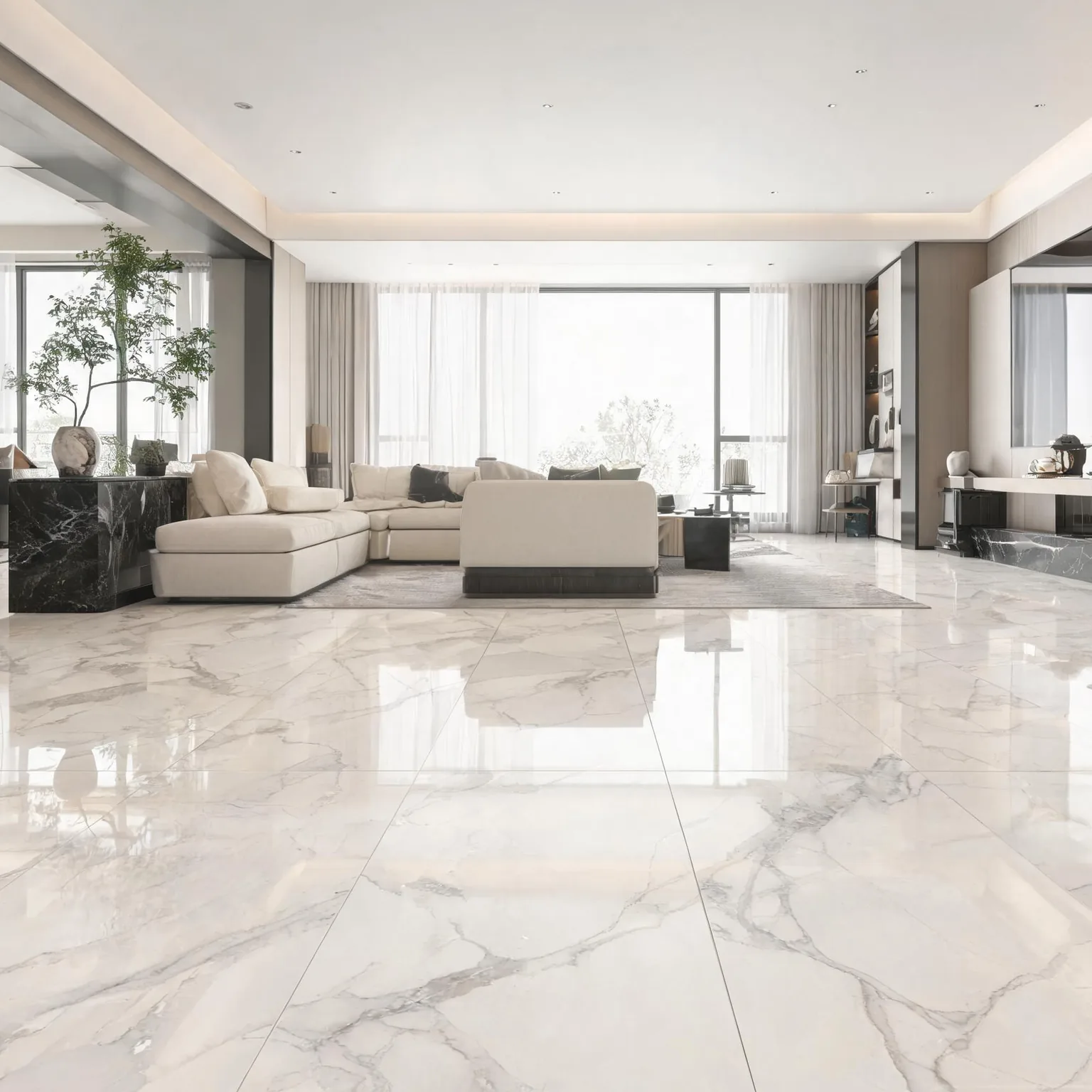 Sintered Stone — continuous floor of 12mm sintered large tiles in open-plan living