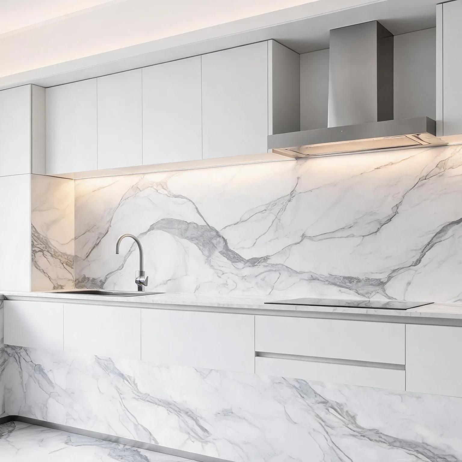 Sintered Stone — large-format sintered porcelain slab kitchen with seamless backsplash